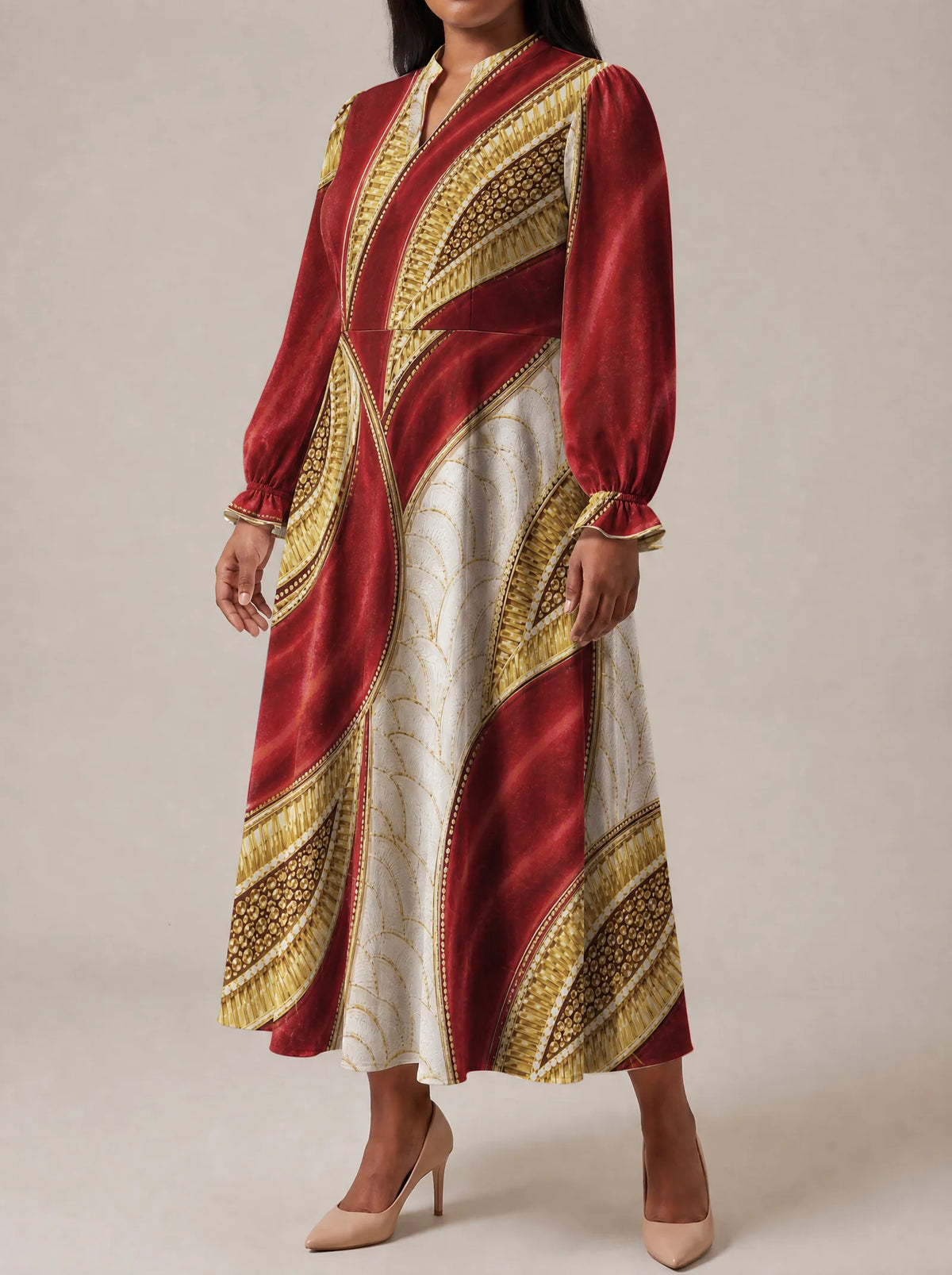 "Utukufu" Long Puff Sleeve Dress — three-quarter view on model