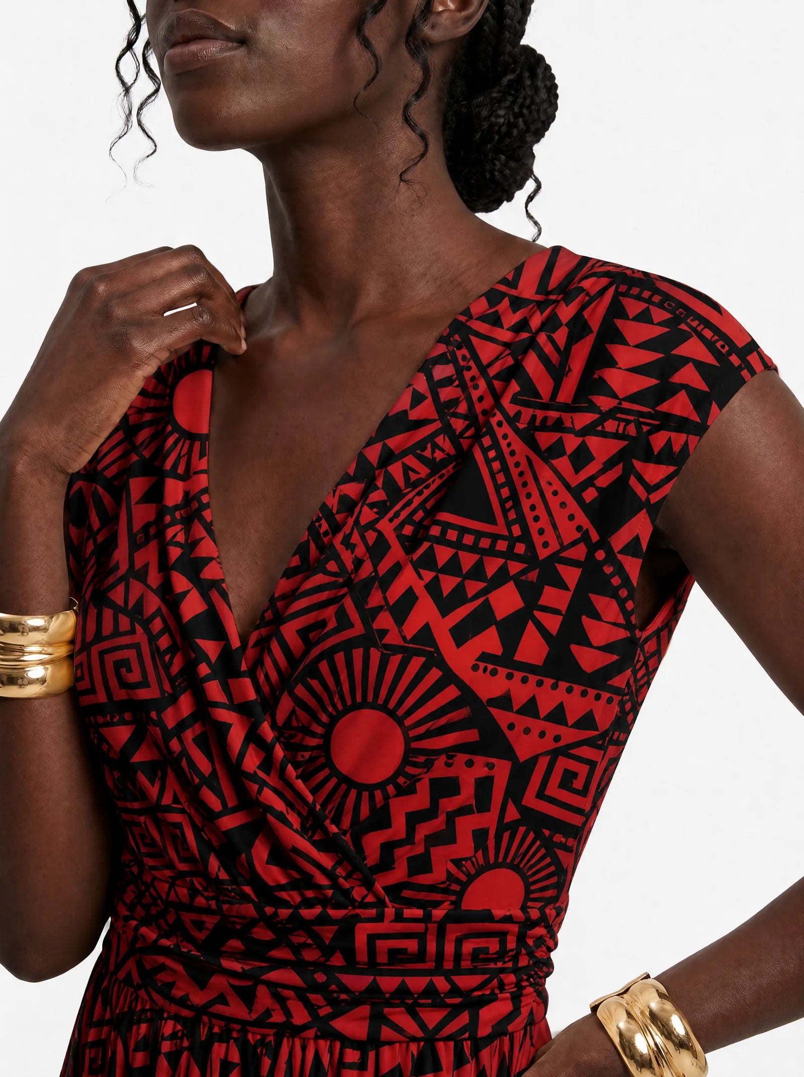 "Shaka Burgundy" Cap Sleeve Midi Dress — close-up of the V-neckline and cap sleeve