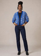 "Oshun Royal Blue" Cardigan — on model with hands in her jeans pockets