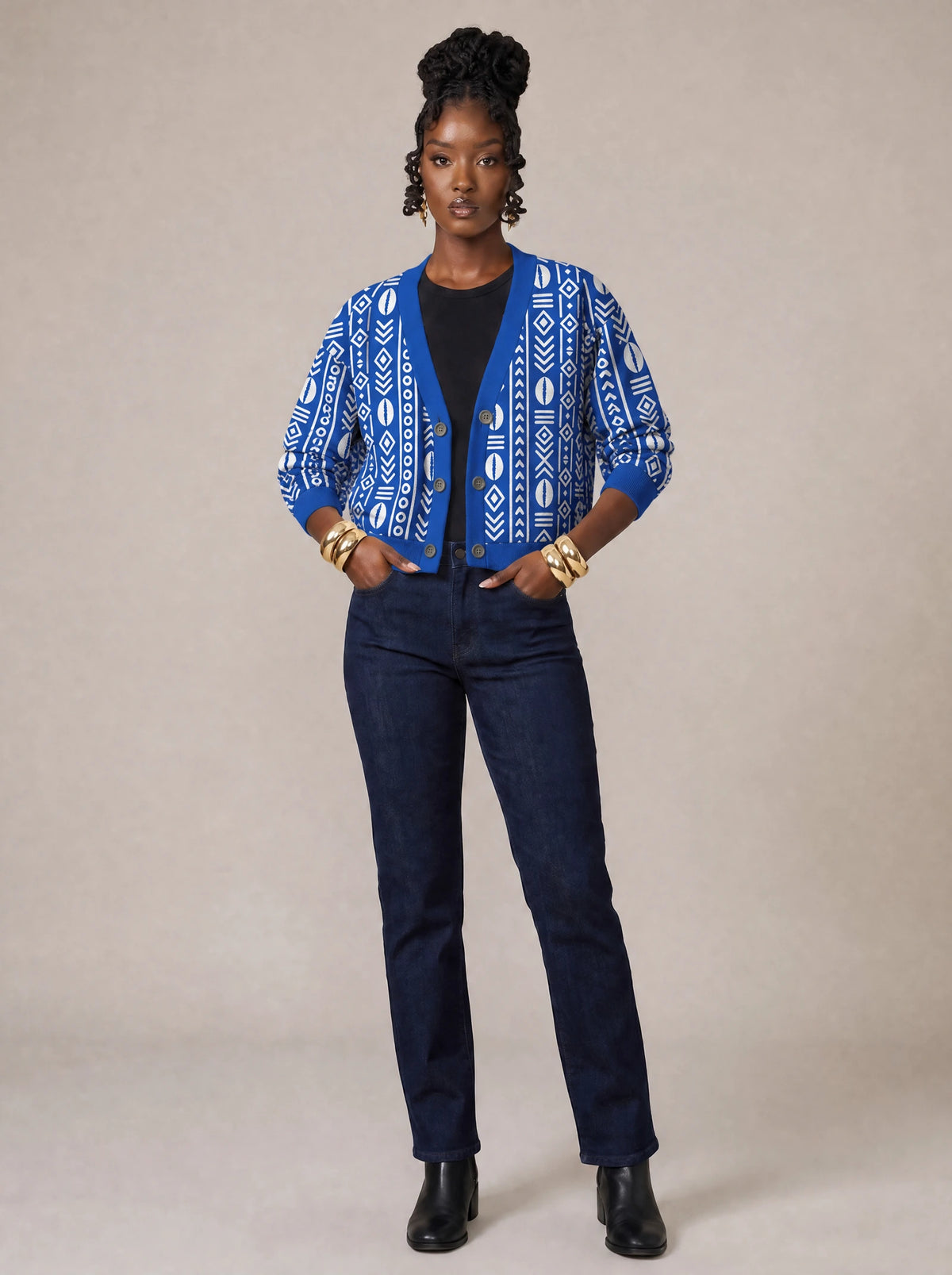 "Oshun Royal Blue" Cardigan — on model with hands in her jeans pockets