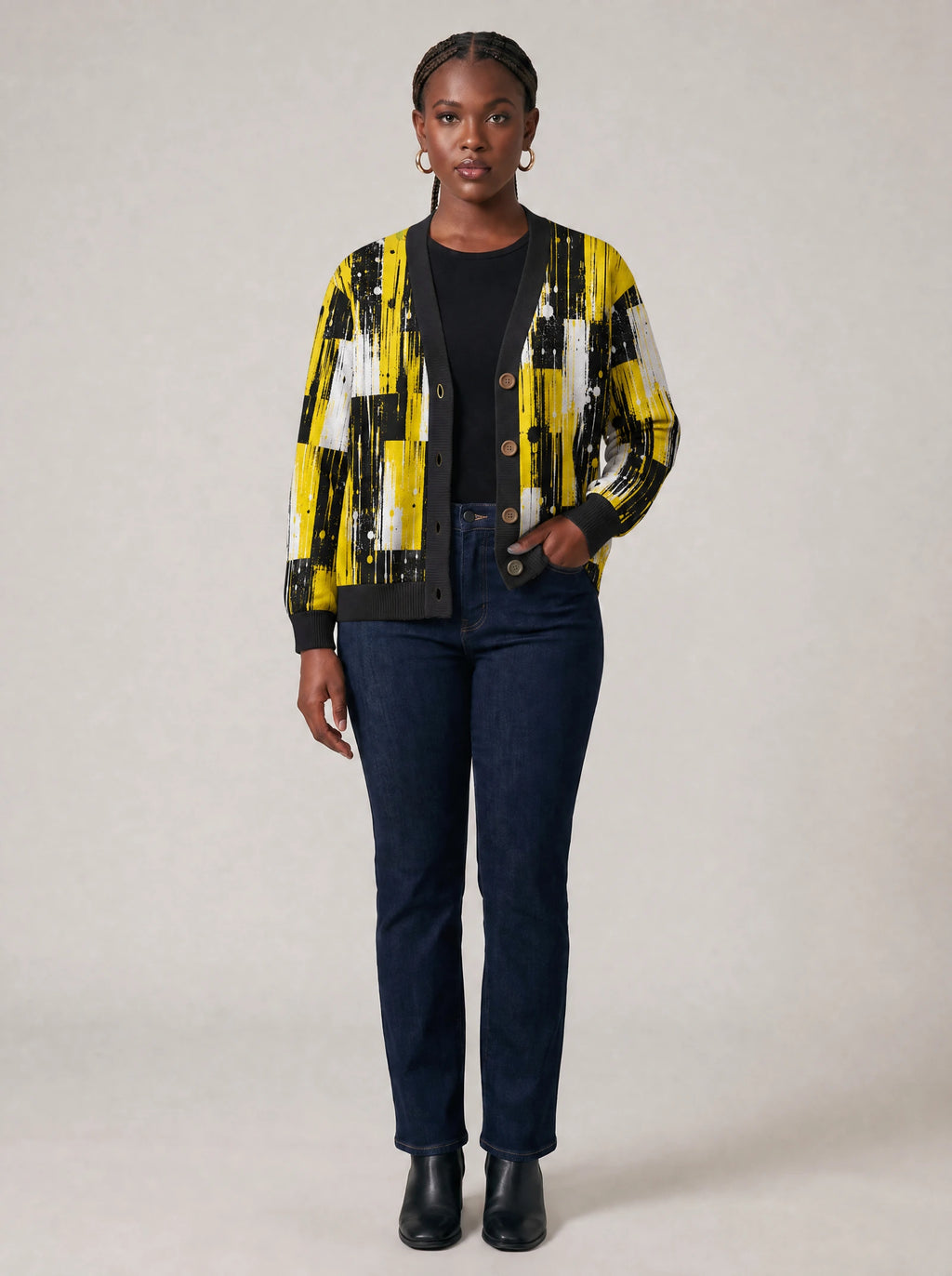 "Mvua" Cardigan — on model with hands in her jeans pockets
