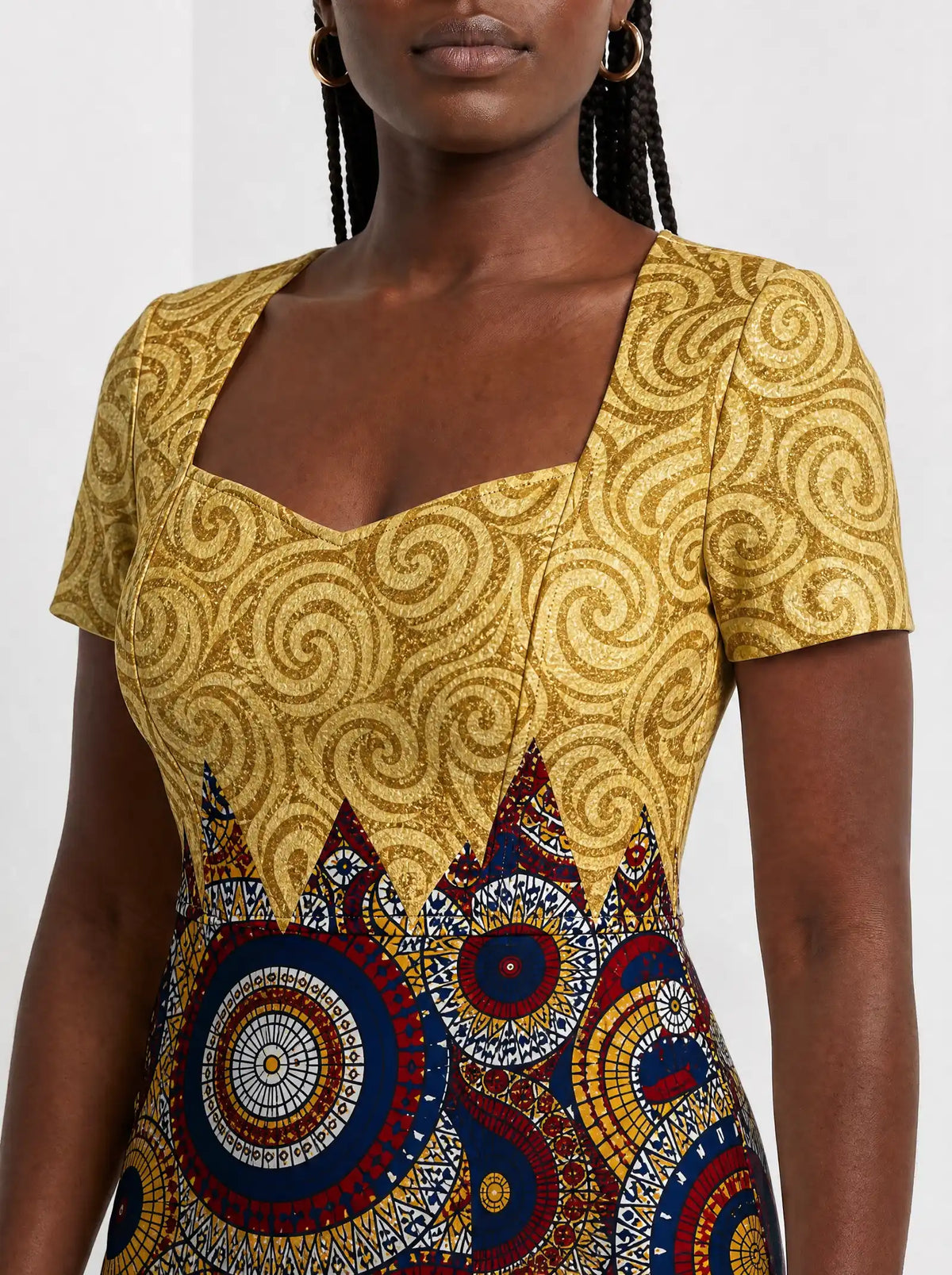 "Adhama" Sweetheart Midi Dress — close-up of the sweetheart neckline and short sleeve