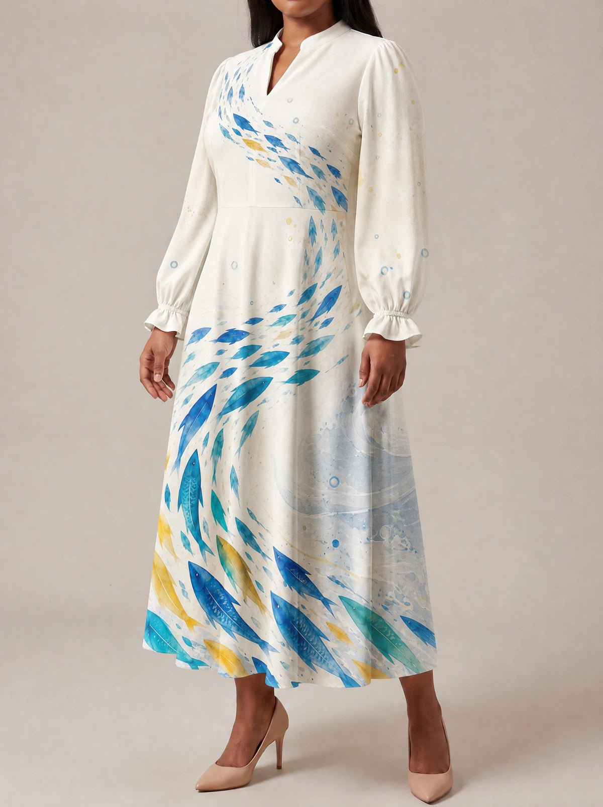 "Samaki" Long Puff Sleeve Dress — three-quarter view on model