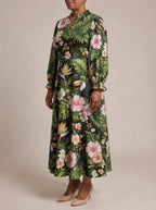 "Kasuku" Long Puff Sleeve Dress — three-quarter view on model