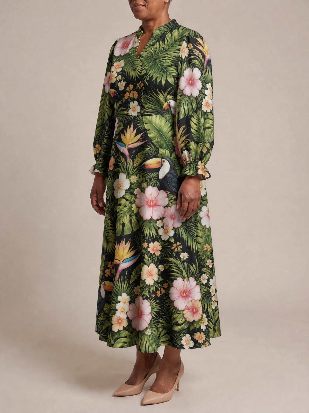 "Kasuku" Long Puff Sleeve Dress — three-quarter view on model