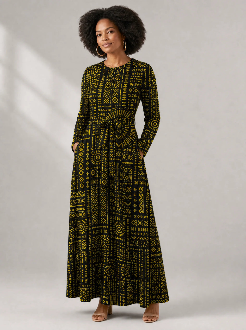 "Lamu" Viscose Midi Dress — close-up of the round neckline and long sleeve