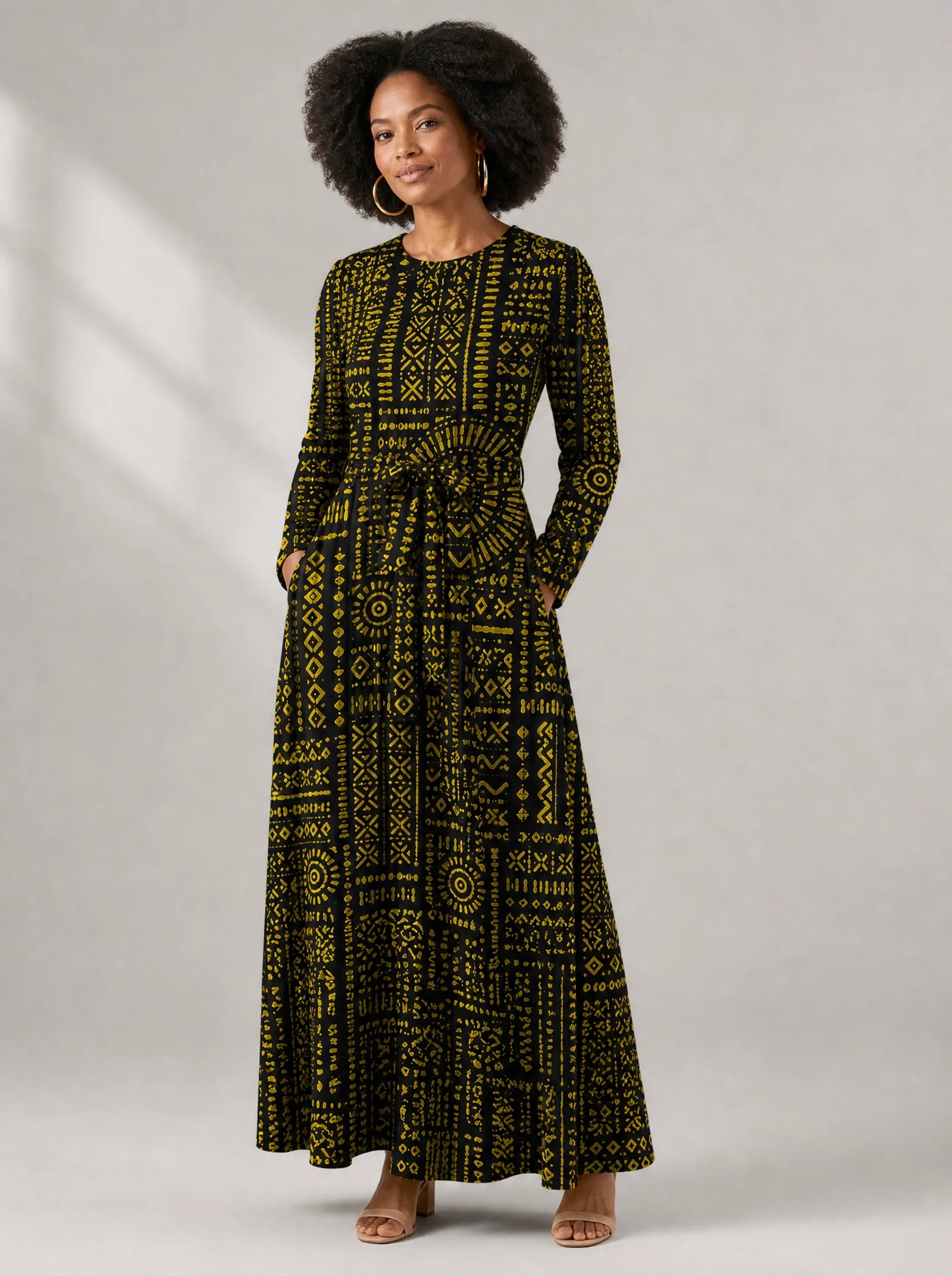 "Lamu" Viscose Midi Dress — close-up of the round neckline and long sleeve