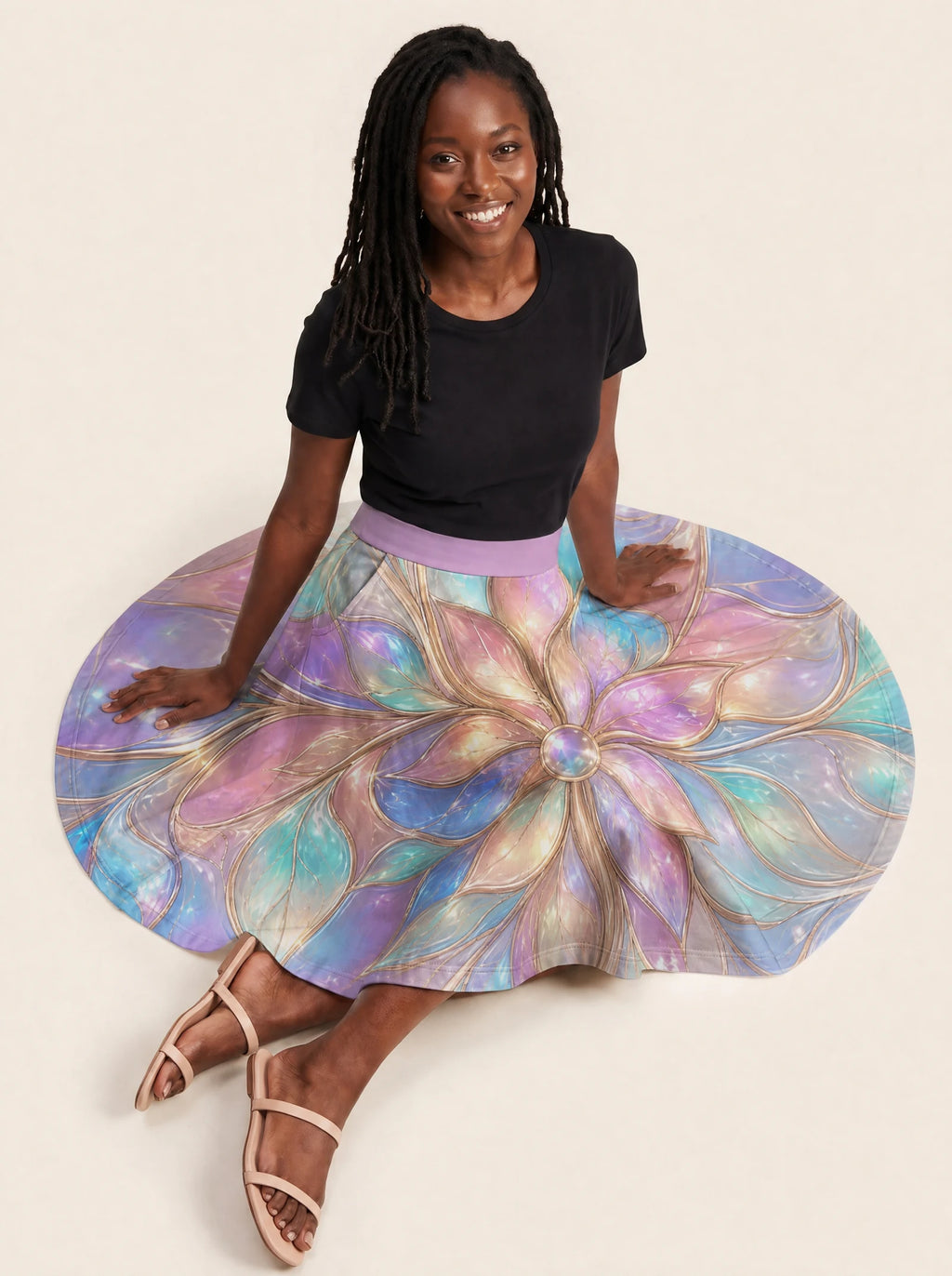 "Almasi" Twirl Skirt — seated on the floor with the skirt fanned out