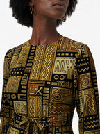 "Sankofa" Viscose Midi Dress — close-up of the round neckline and long sleeve