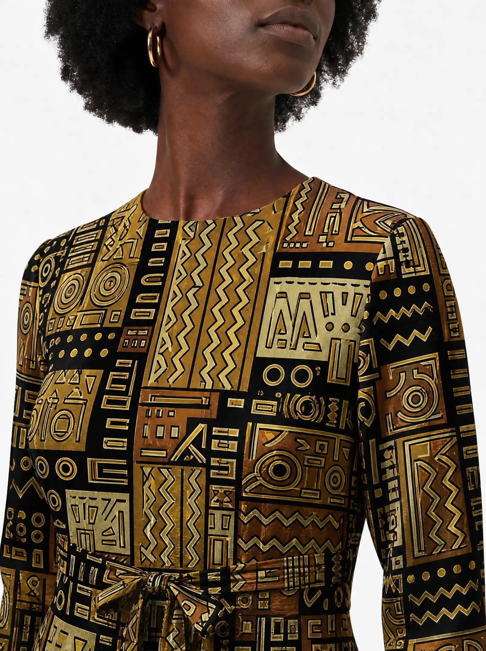 "Sankofa" Viscose Midi Dress — close-up of the round neckline and long sleeve