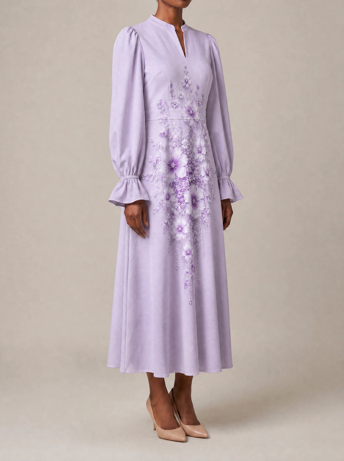 "Zambarau" Long Puff Sleeve Maxi Dress — three-quarter view on model