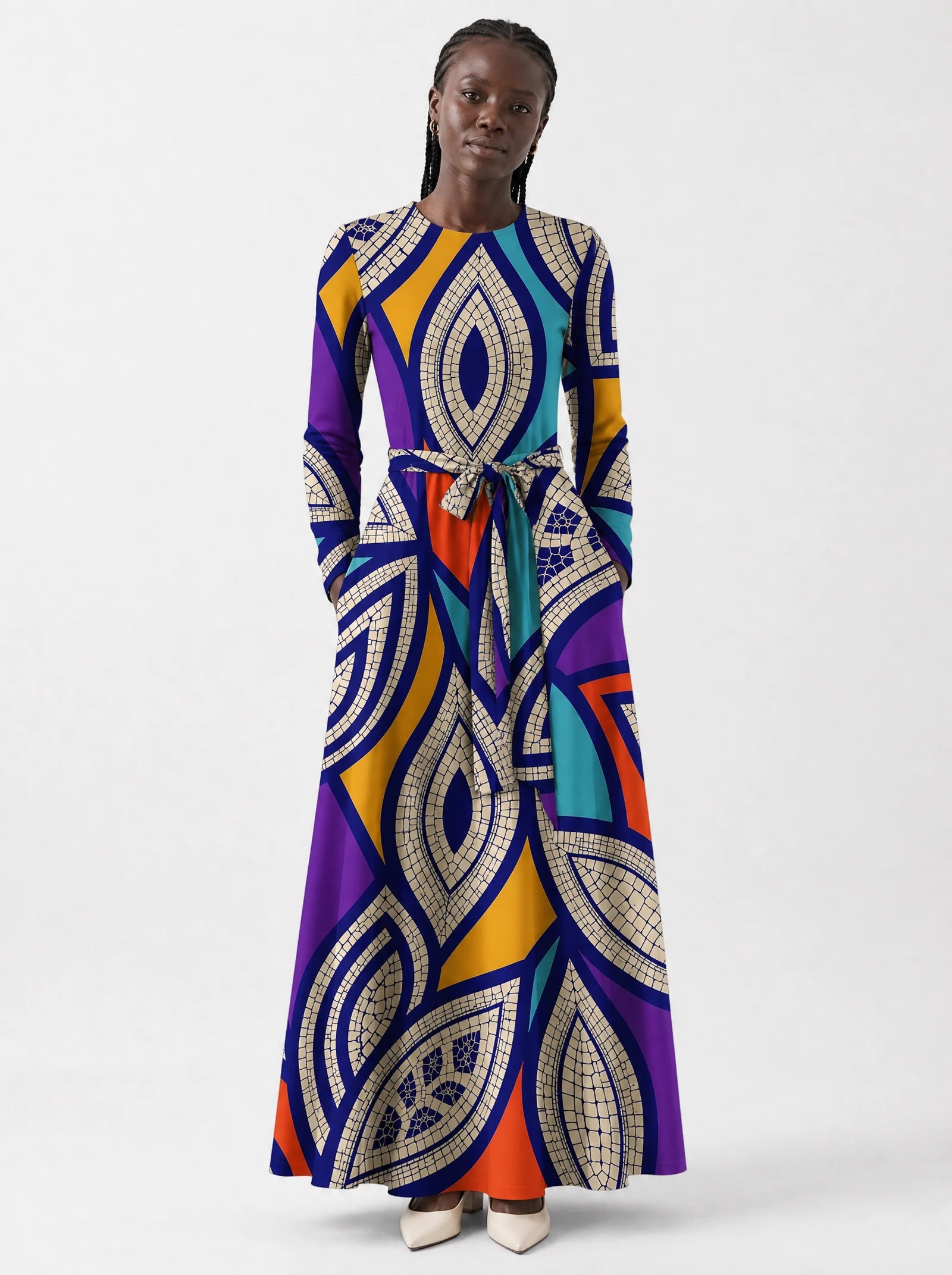"Johari" Viscose Midi Dress — close-up of the round neckline and long sleeve