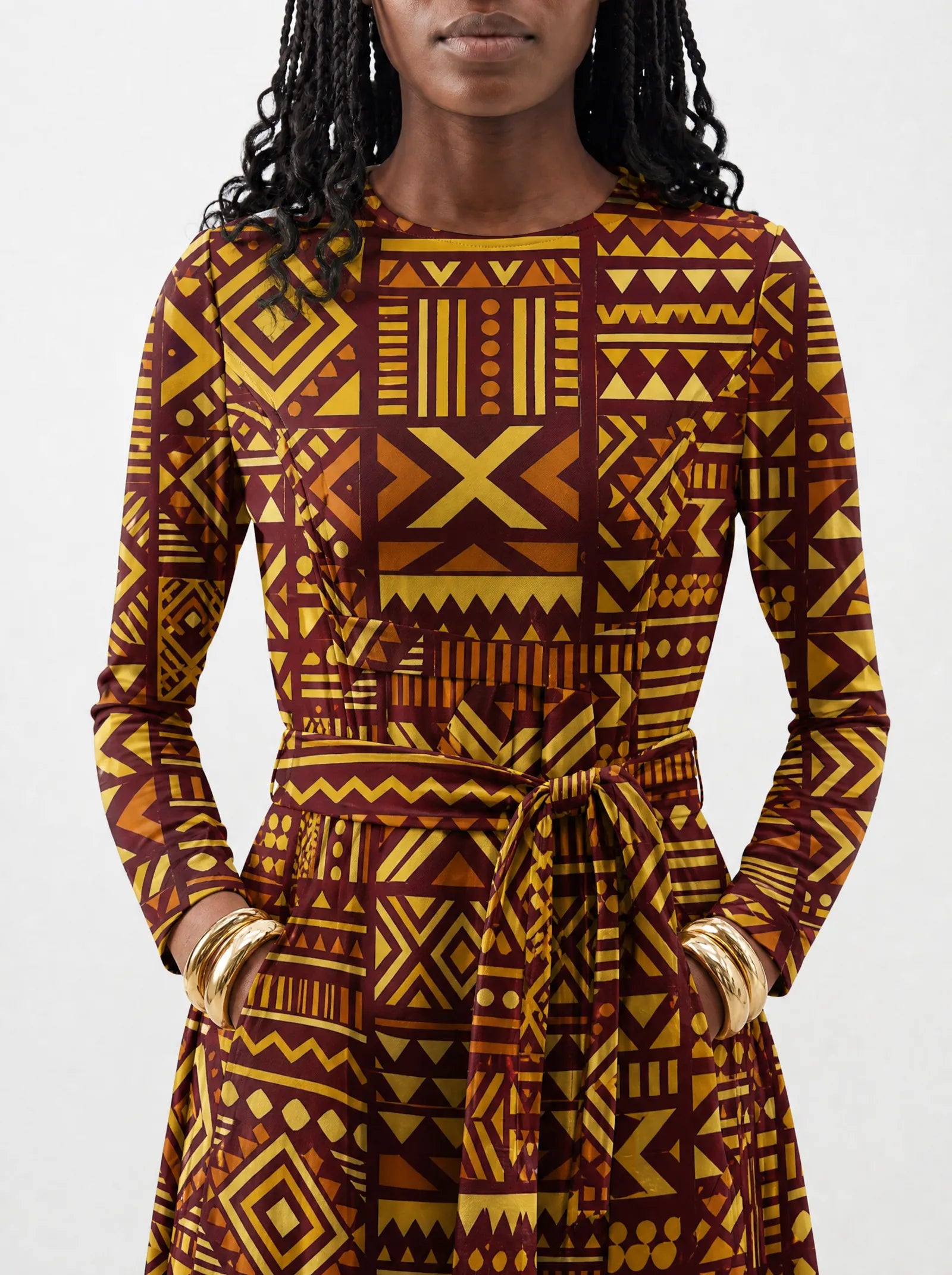"Mudcloth" Viscose Midi Dress — close-up of the round neckline and long sleeve