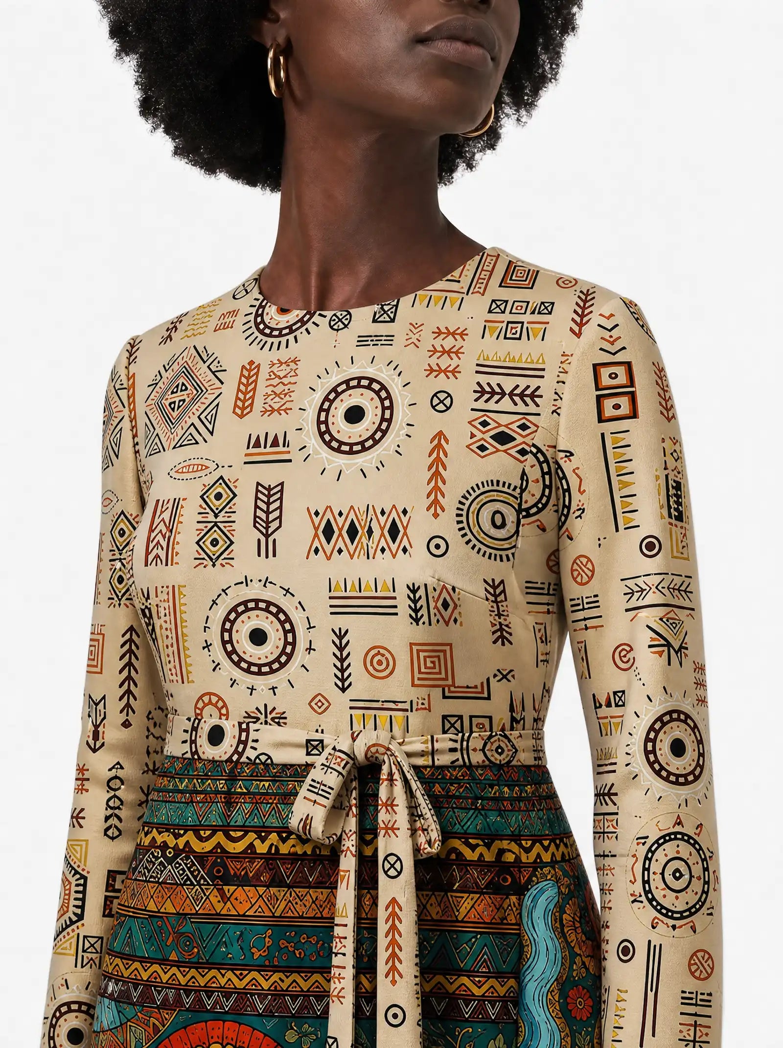 "Mto" Viscose Midi Dress — close-up of the round neckline and long sleeve