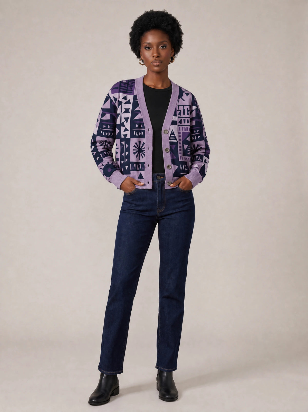 "Lavenda" Cardigan — on model with hands in her jeans pockets