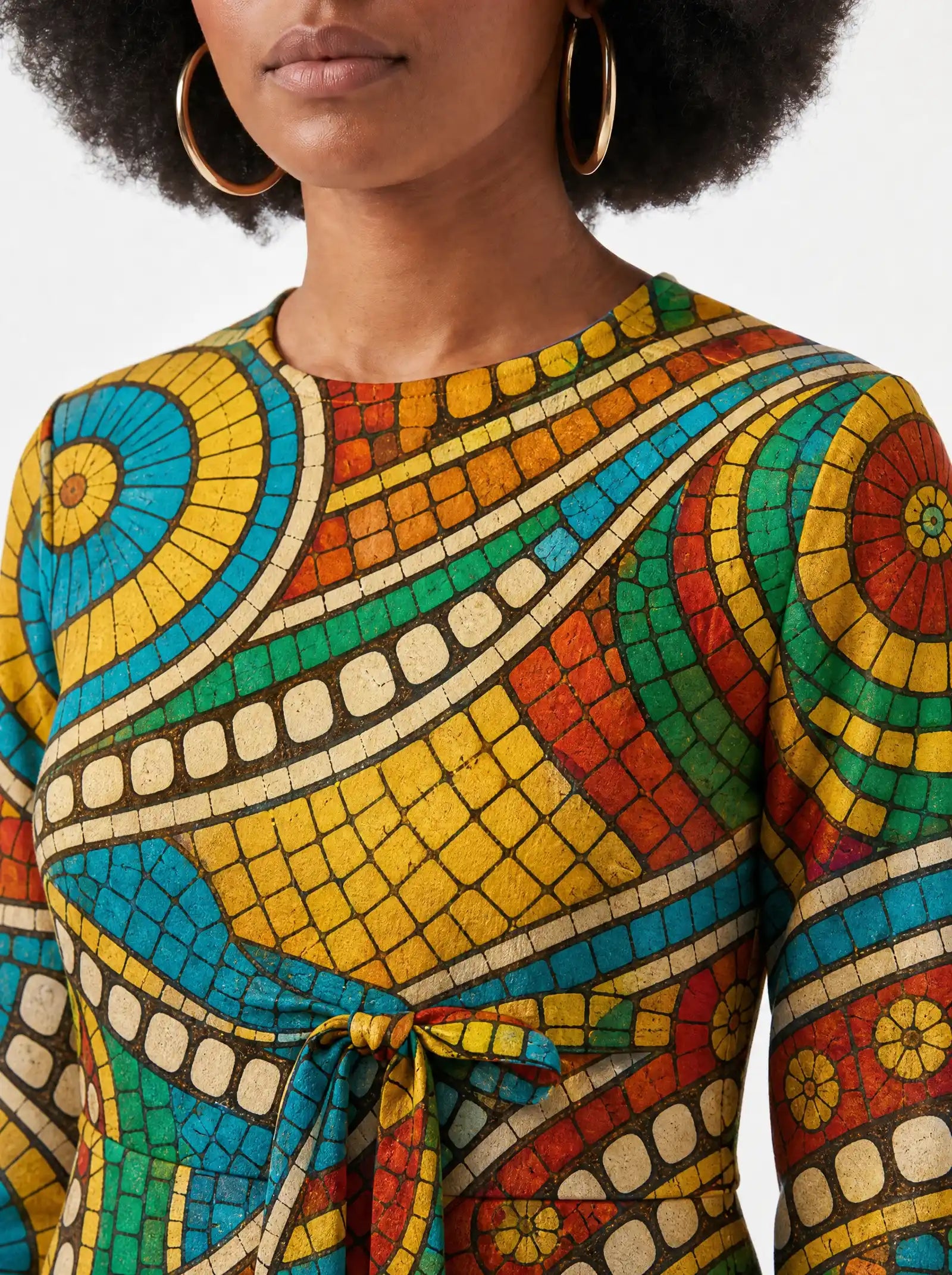 "Taji" Viscose Midi Dress — close-up of the round neckline and long sleeve