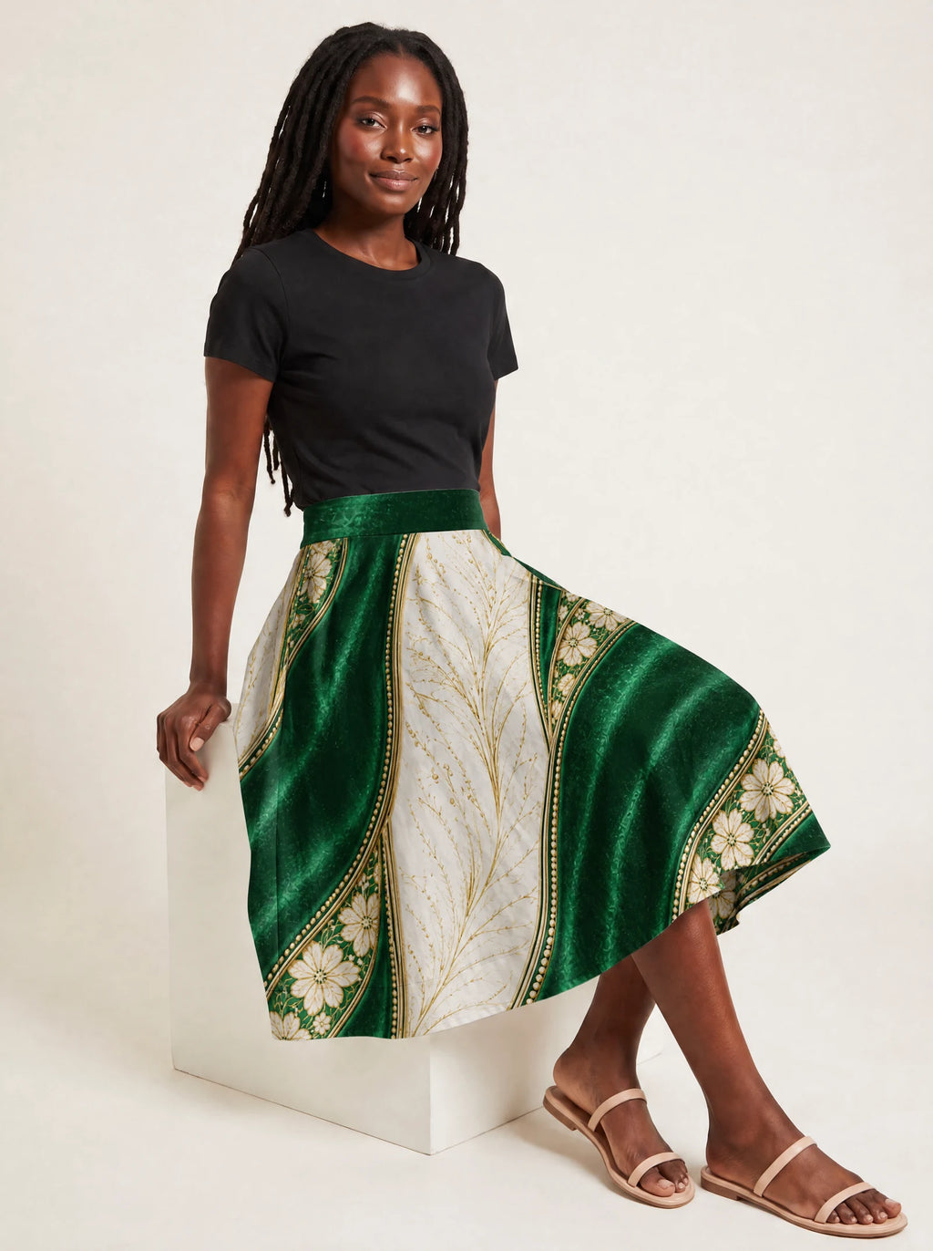 "Maile" Twirl Skirt — seated on model