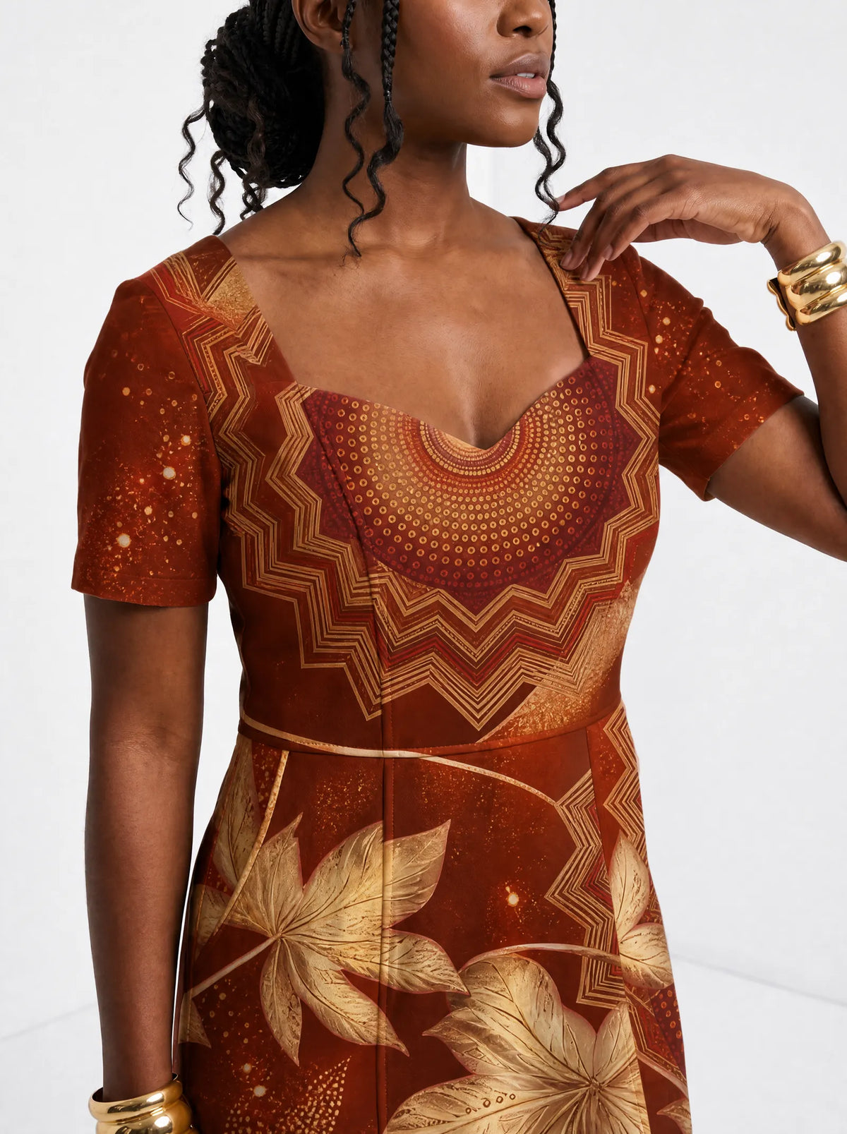 "Joto" Sweetheart Midi Dress — close-up of the sweetheart neckline and short sleeve