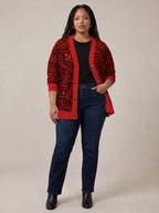 "Shaka" Burgundy Cardigan — on model with hands in her jeans pockets