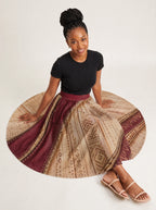 "Tapa" Twirl Skirt — seated on model