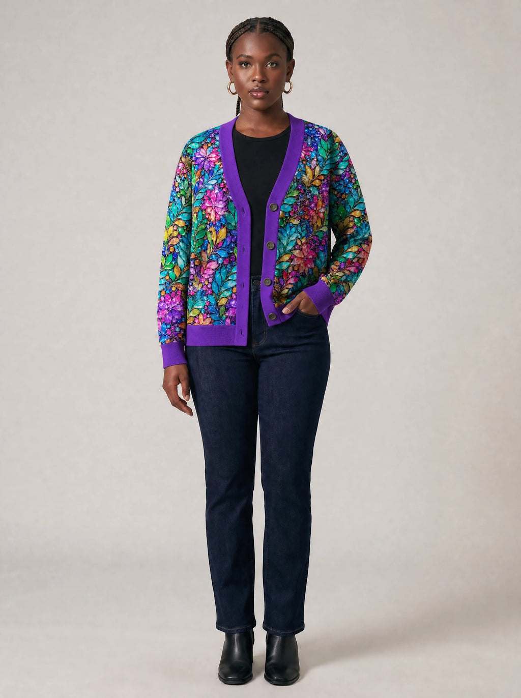 "Upinde" Cardigan — on model with hands in her jeans pockets