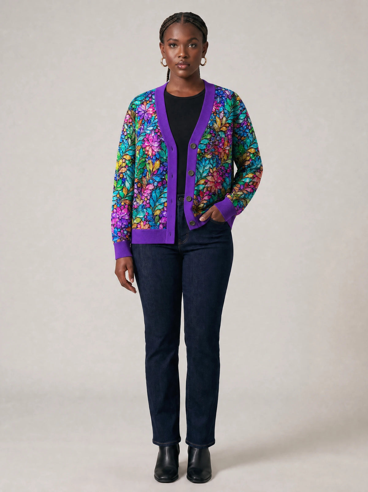 "Upinde" Cardigan — on model with hands in her jeans pockets