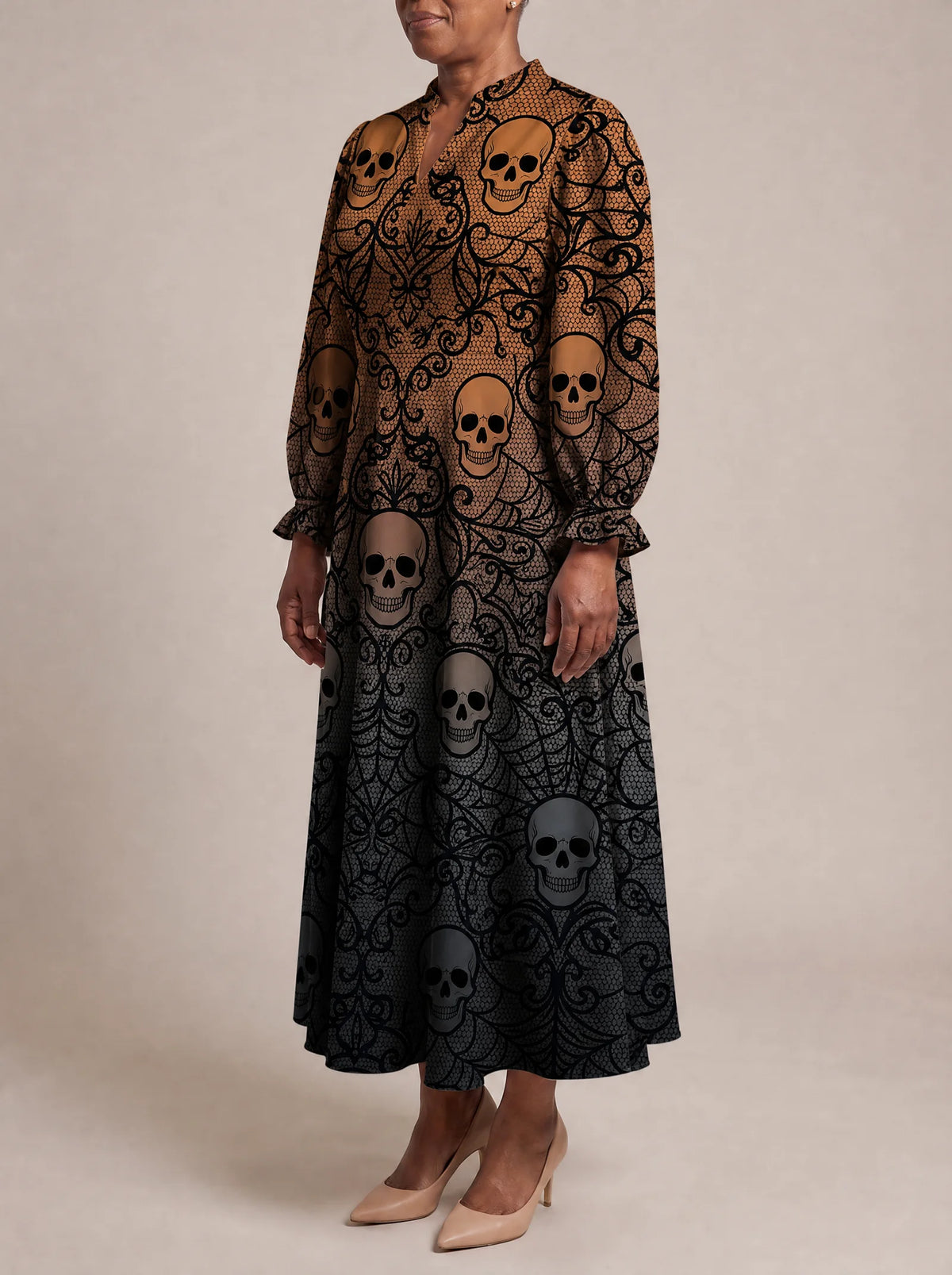 "Fuvu" Halloween Long Puff Sleeve Dress — three-quarter view on model