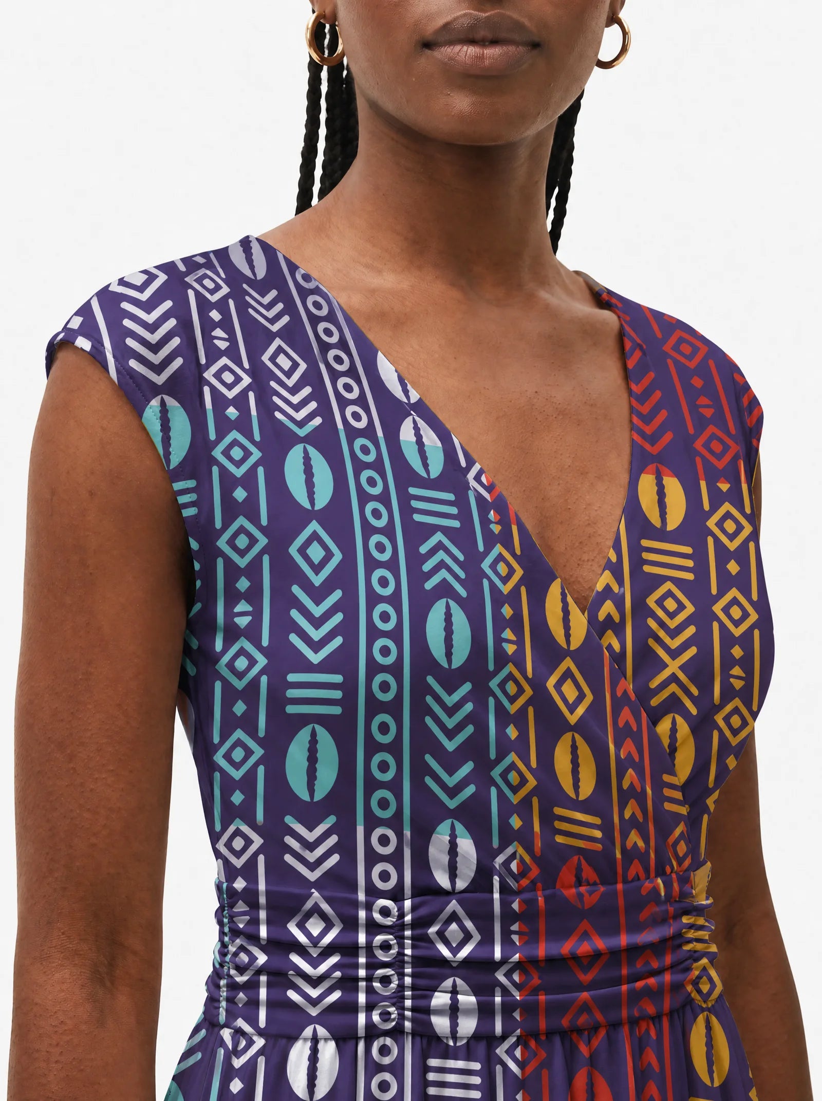"Oshun Zamani" Cap Sleeve Midi Dress — close-up of the V-neckline and cap sleeve