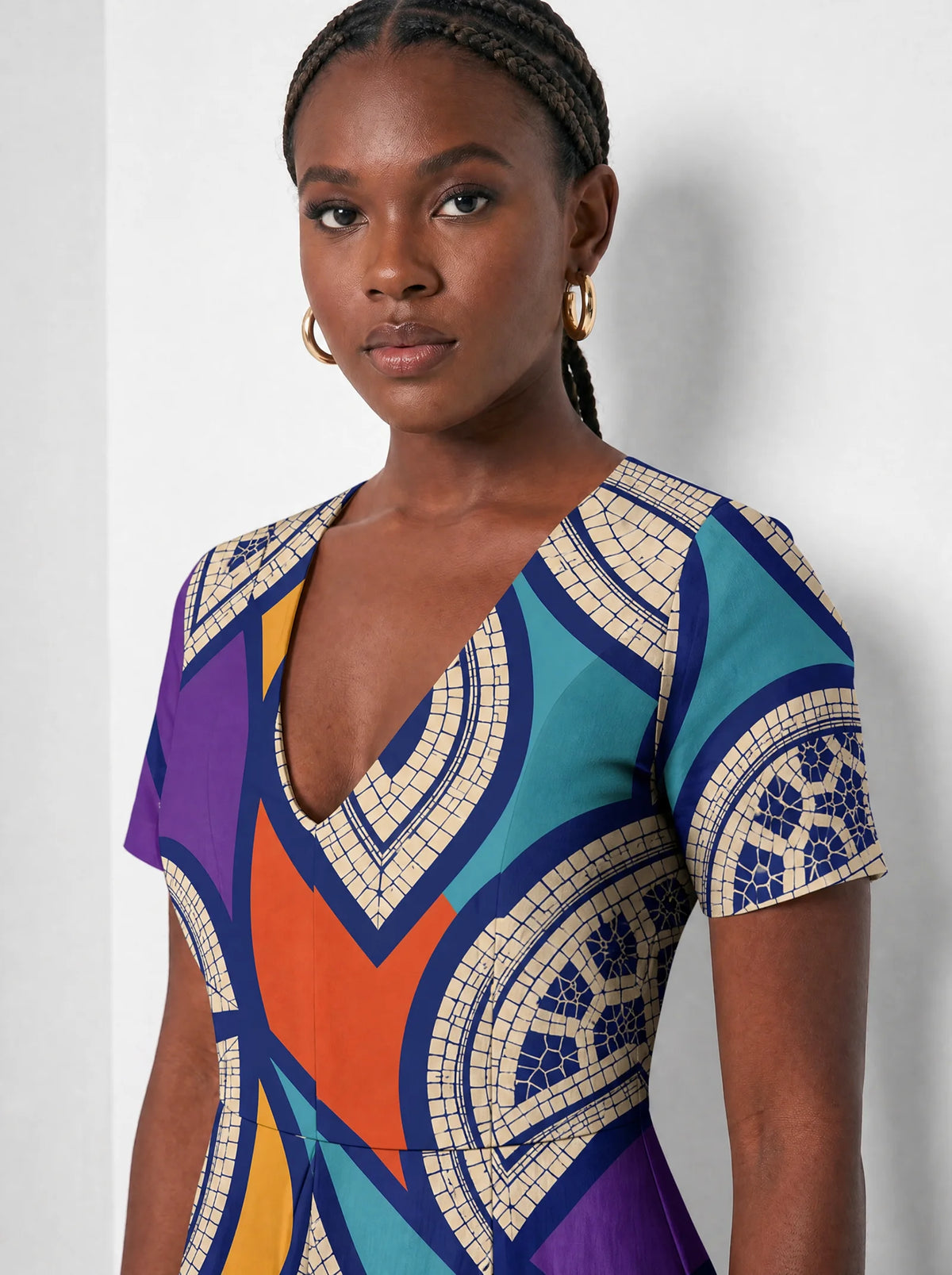 "Johari" Short Sleeve Maxi Dress — three-quarter view on model