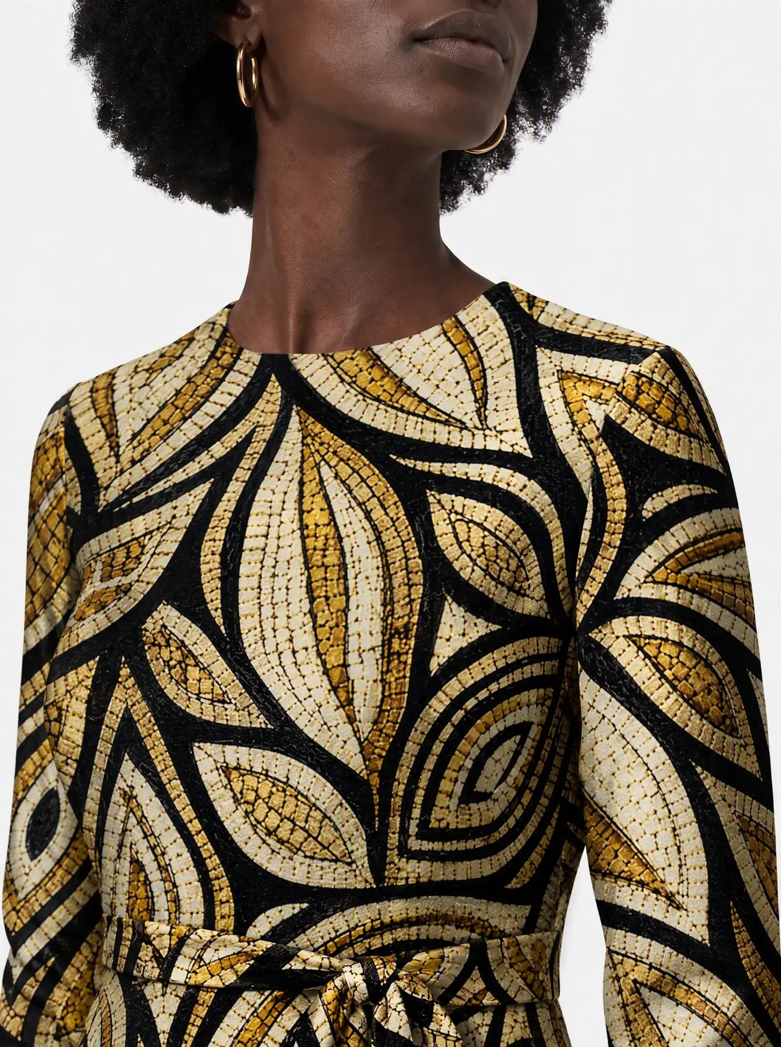 "Ashanti" Viscose Midi Dress — close-up of the round neckline and long sleeve