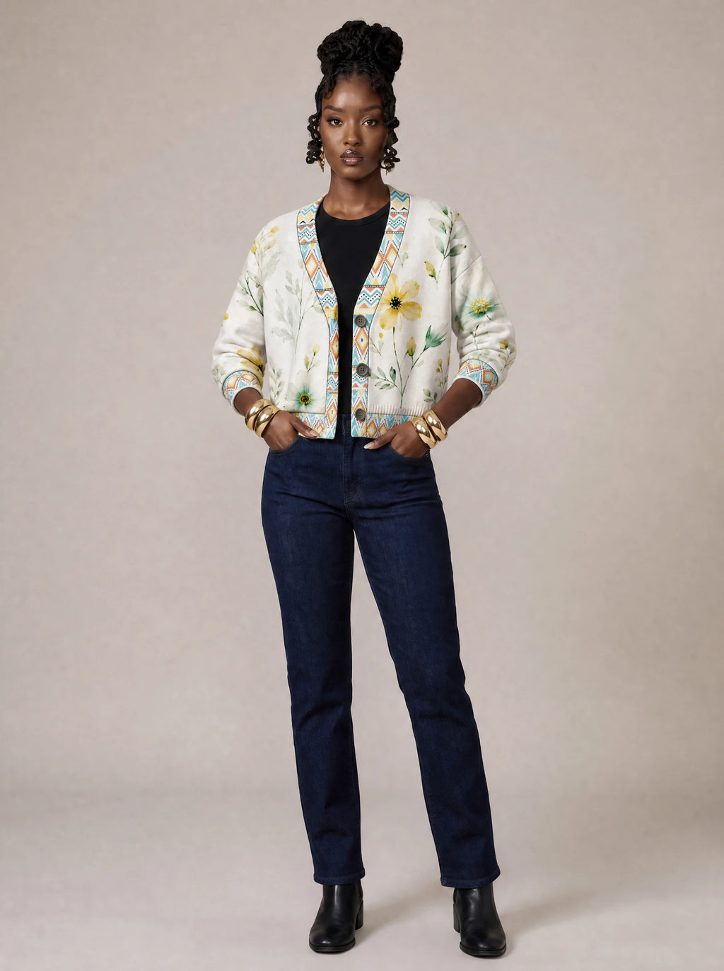 "Alizeti" Cardigan — on model with hands in her jeans pockets