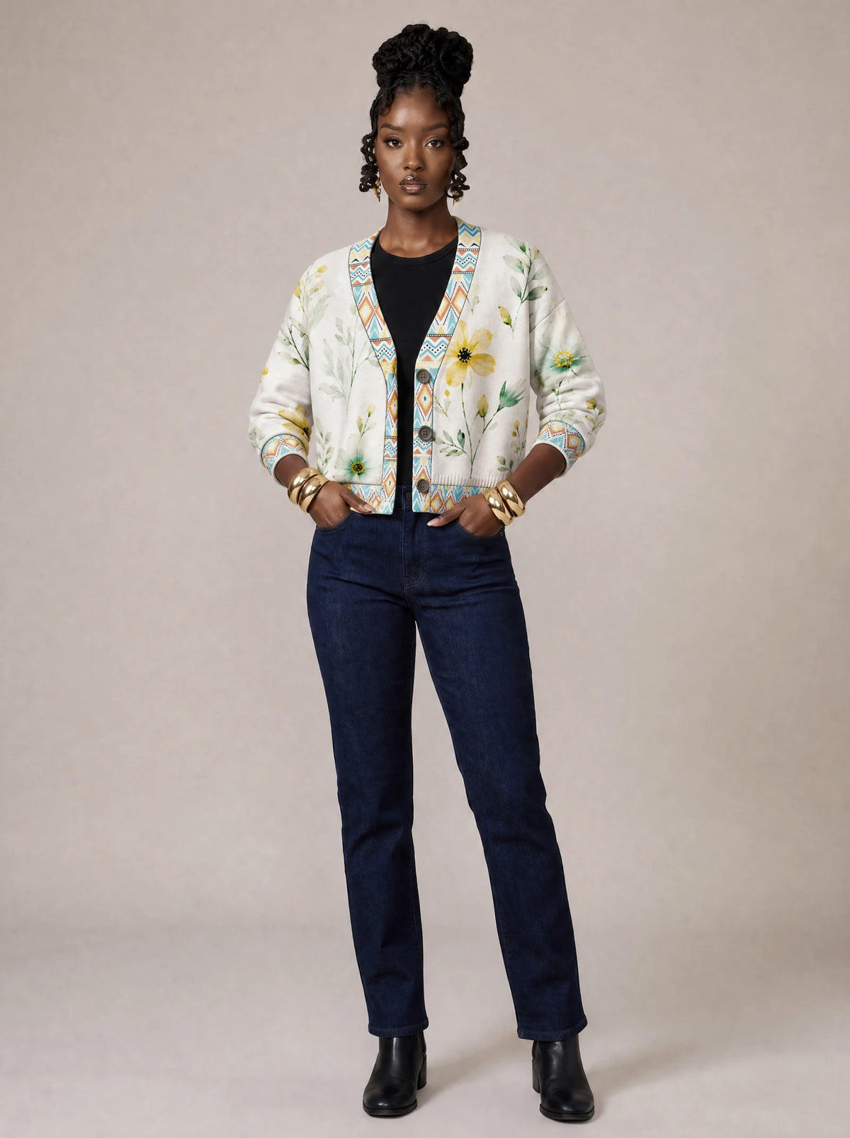 "Alizeti" Cardigan — on model with hands in her jeans pockets