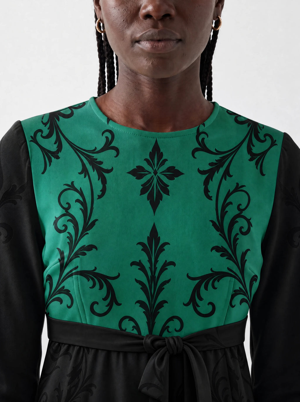 "Green Witch" Long Sleeve Midaxi Dress — three-quarter view on model