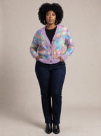 "Almasi" Cardigan — on model with hands in her jeans pockets