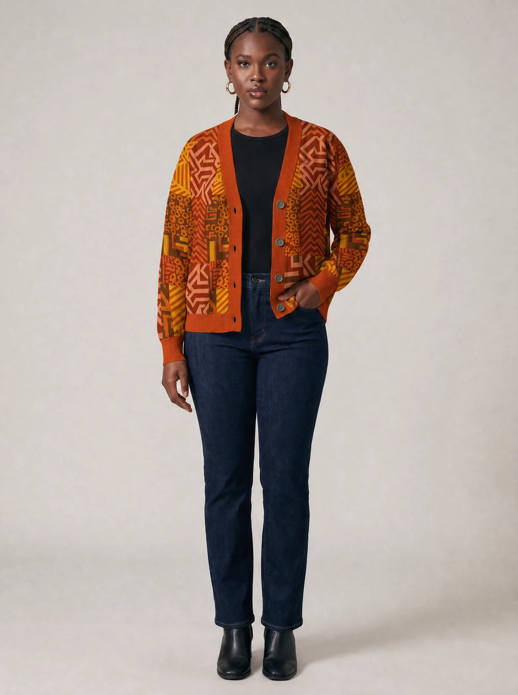 "Viraka" Cardigan — on model with hands in her jeans pockets