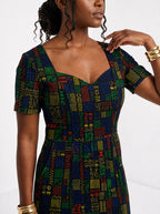 "Michoro" Sweetheart Midi Dress — close-up of the sweetheart neckline and short sleeve