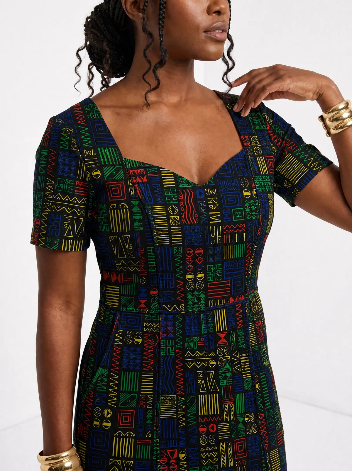 "Michoro" Sweetheart Midi Dress — close-up of the sweetheart neckline and short sleeve
