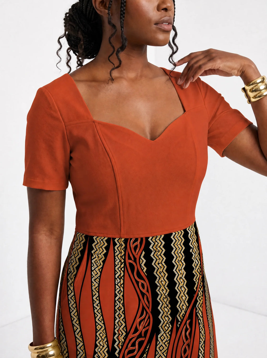 "Miali" Sweetheart Midi Dress — close-up of the sweetheart neckline and short sleeve