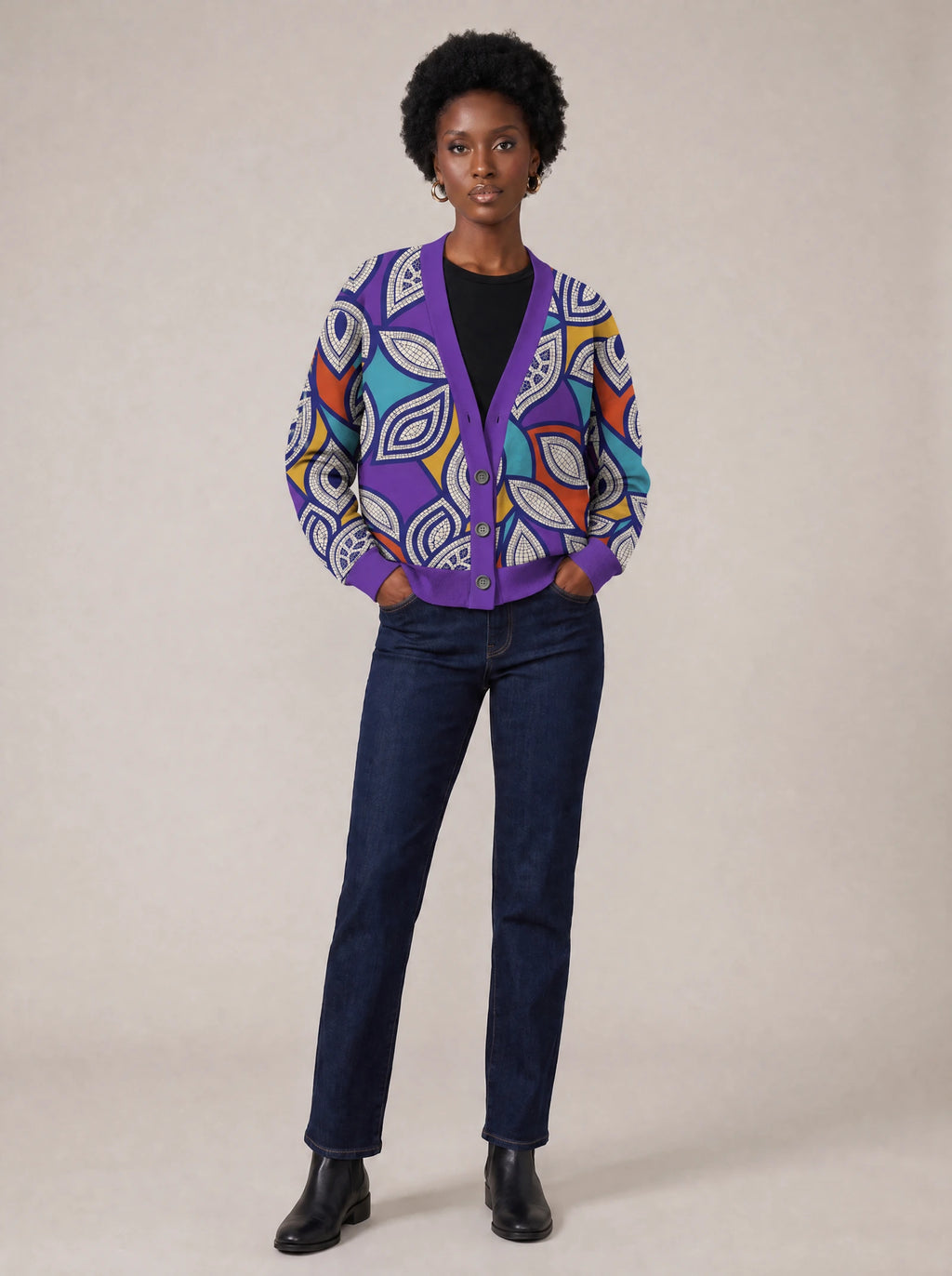 "Johari" Cardigan — on model with hands in her jeans pockets