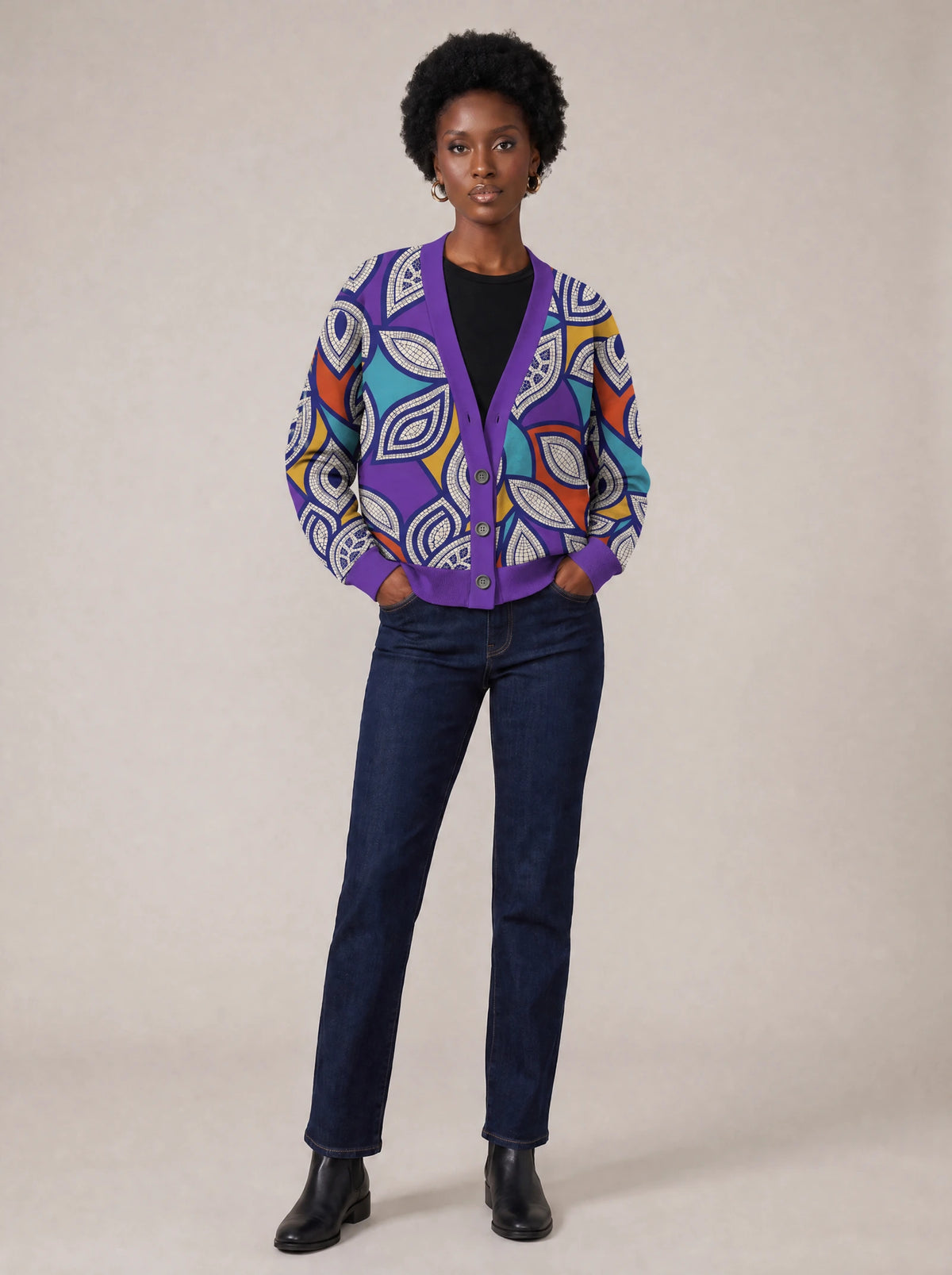 "Johari" Cardigan — on model with hands in her jeans pockets