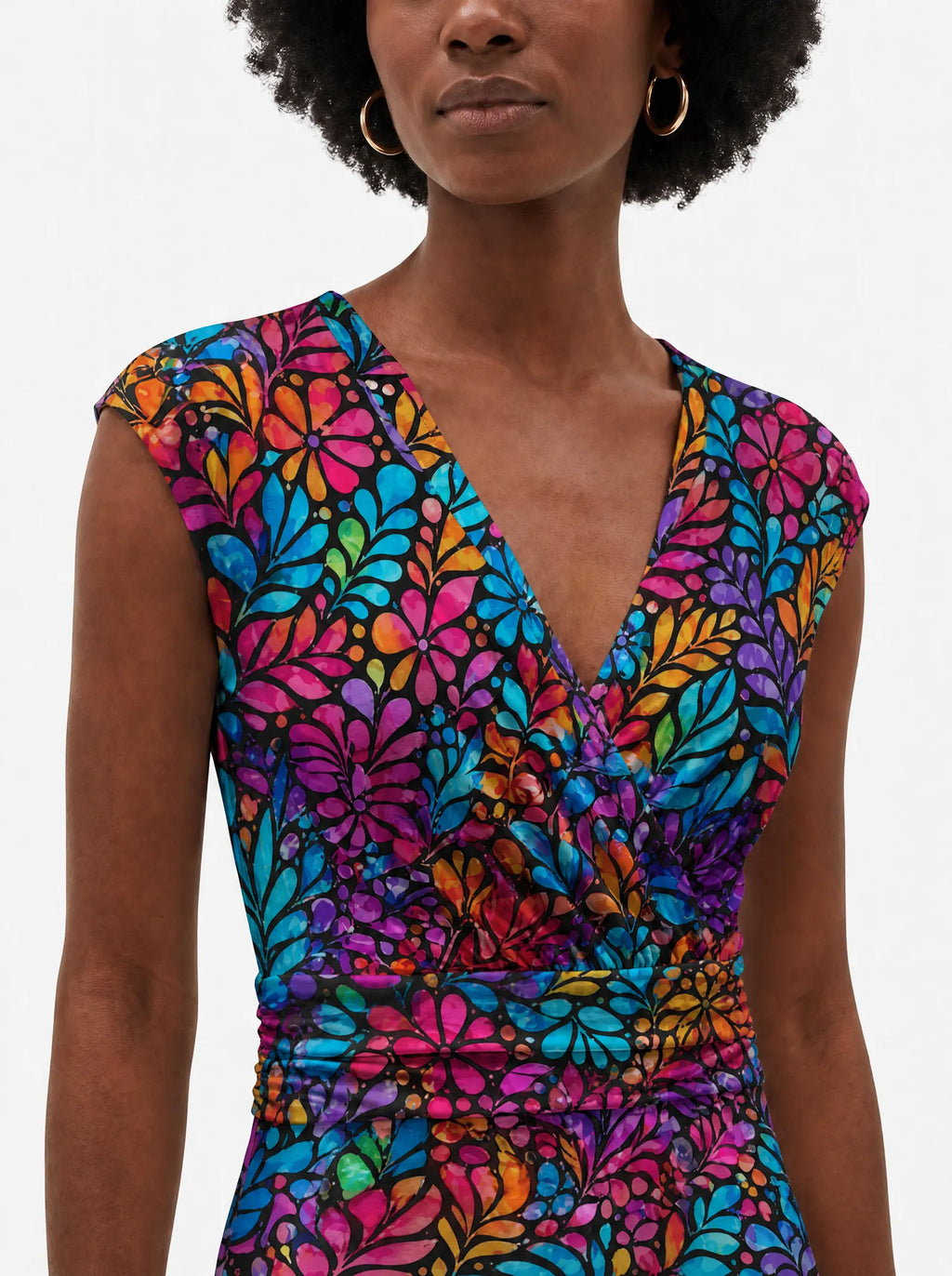 "Rangi" Cap Sleeve Midi Dress — close-up of the V-neckline and cap sleeve