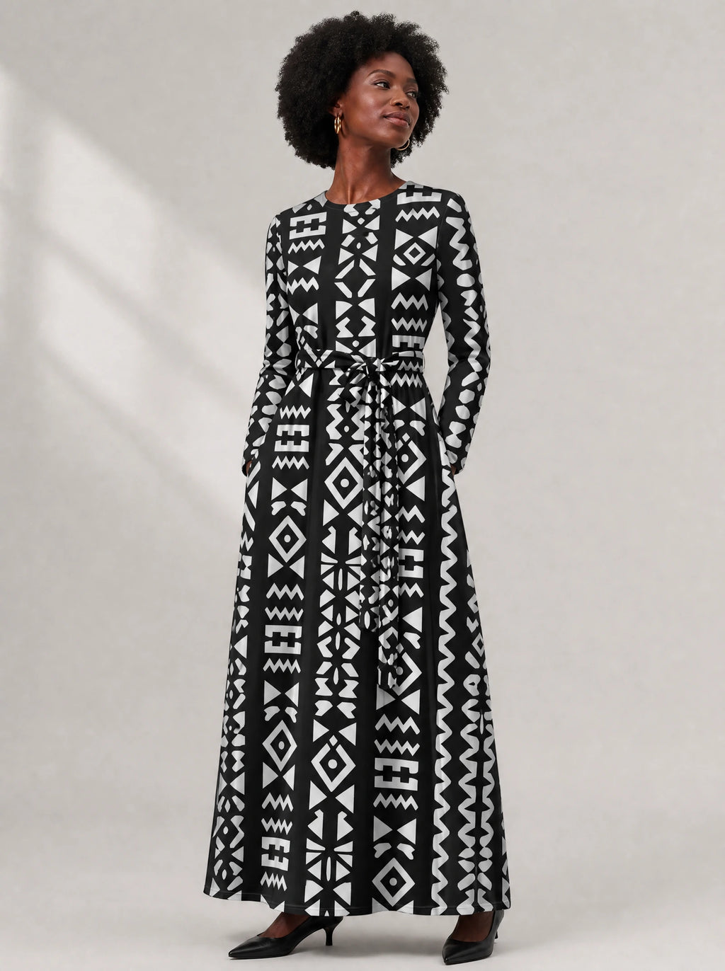 "Kuba" Viscose Midi Dress — close-up of the round neckline and long sleeve