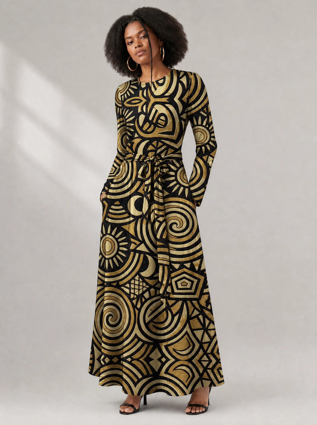 "Sahara" Viscose Midi Dress — close-up of the round neckline and long sleeve