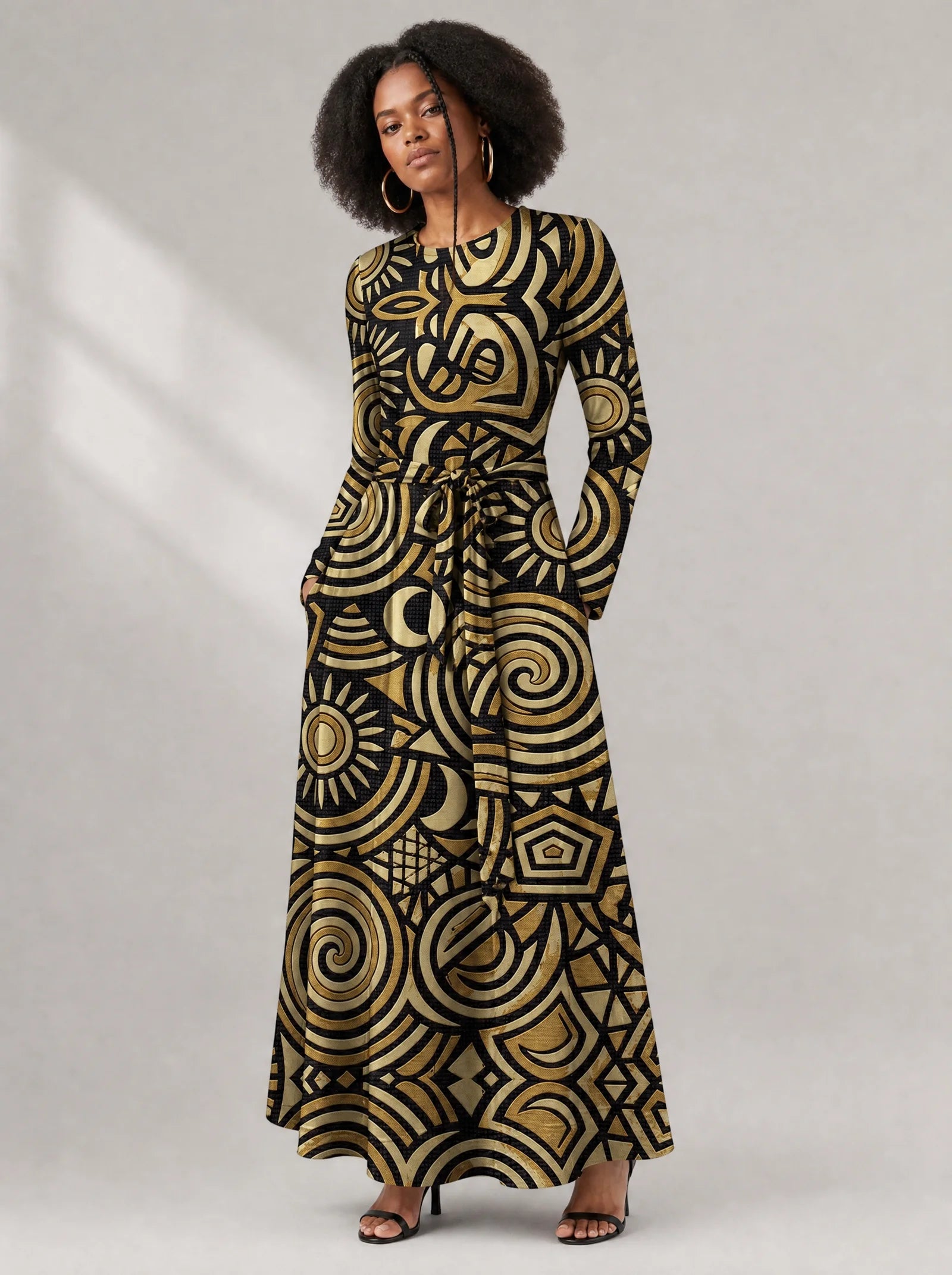 "Sahara" Viscose Midi Dress — close-up of the round neckline and long sleeve