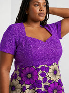 "Shani" Sweetheart Midi Dress — close-up of the sweetheart neckline and short sleeve