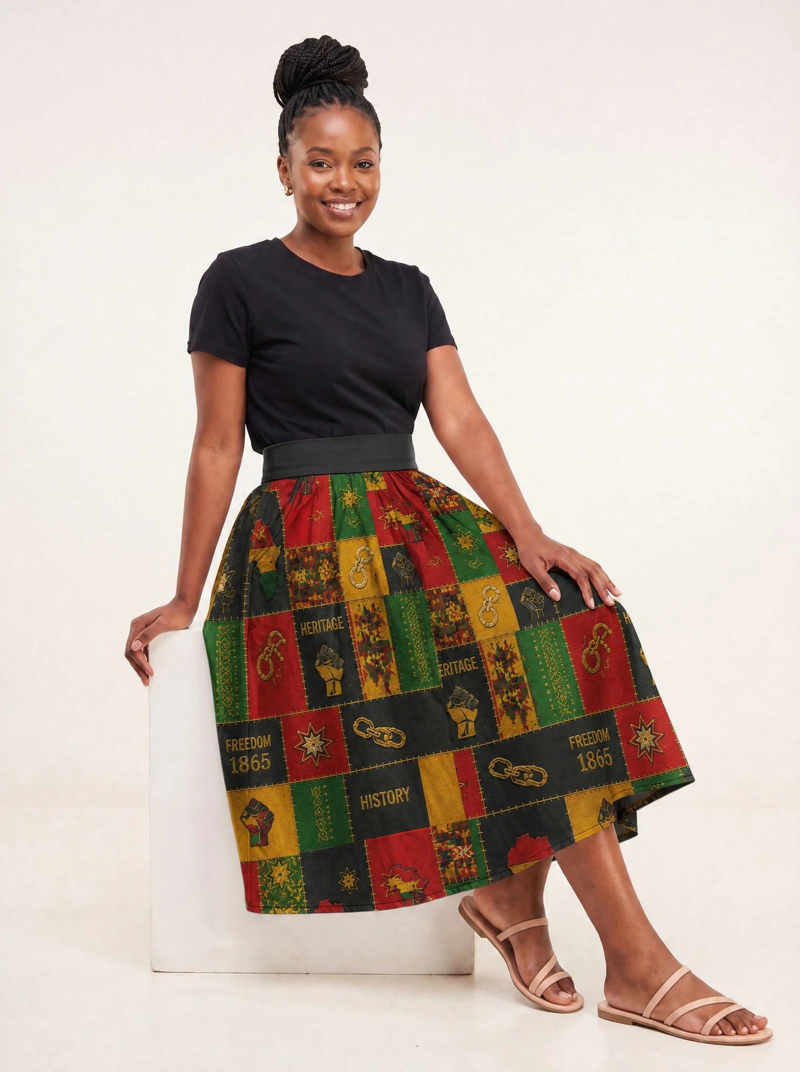 "Kumbuka" Twirl Skirt — seated on a studio cube