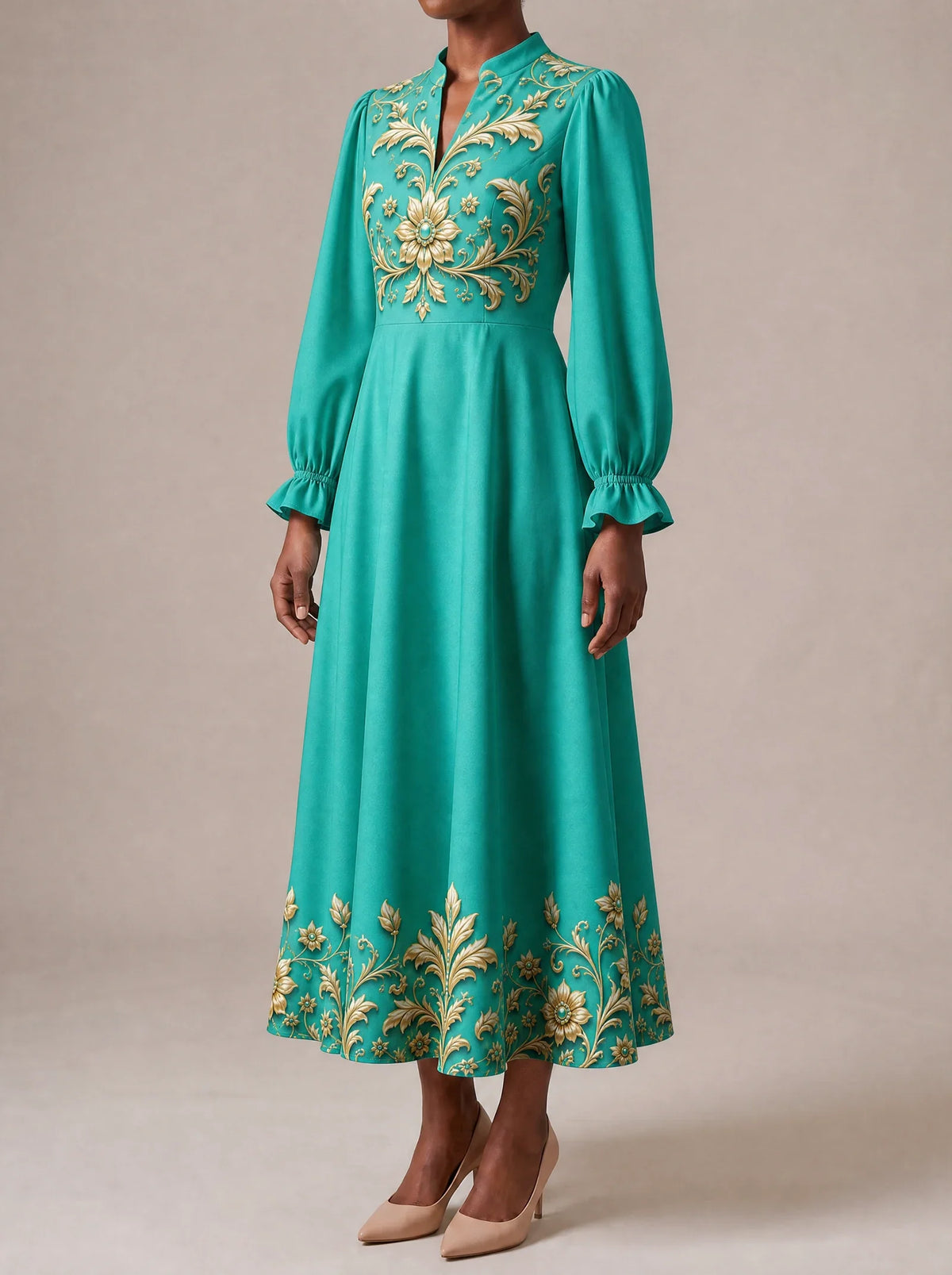 "Heshima" Long Puff Sleeve Dress Promo — three-quarter view on model