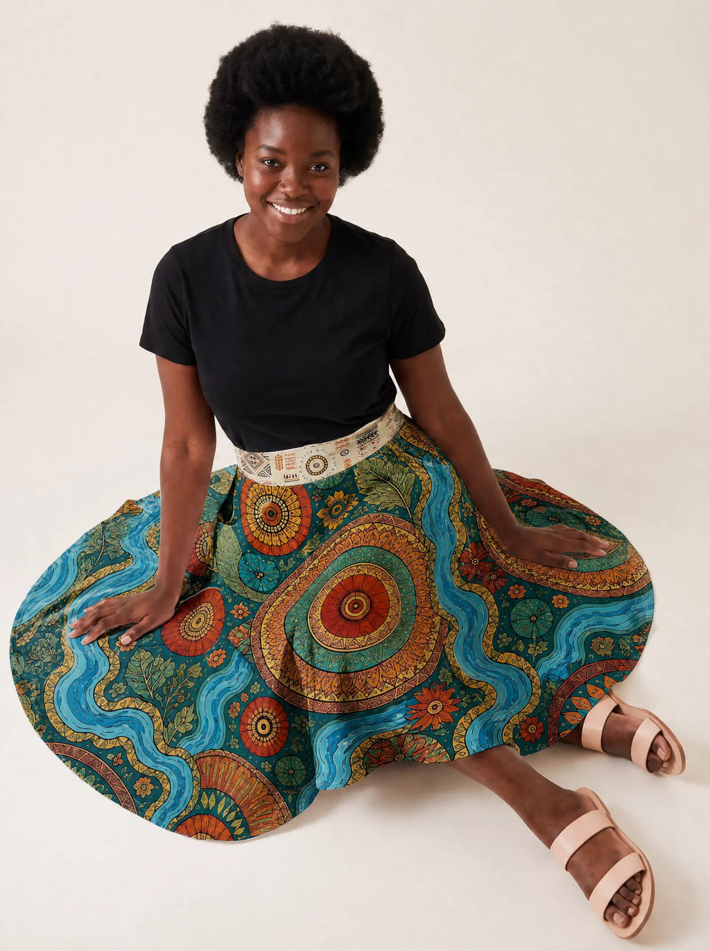 "Mto" Twirl Skirt — seated on the floor with the skirt fanned out