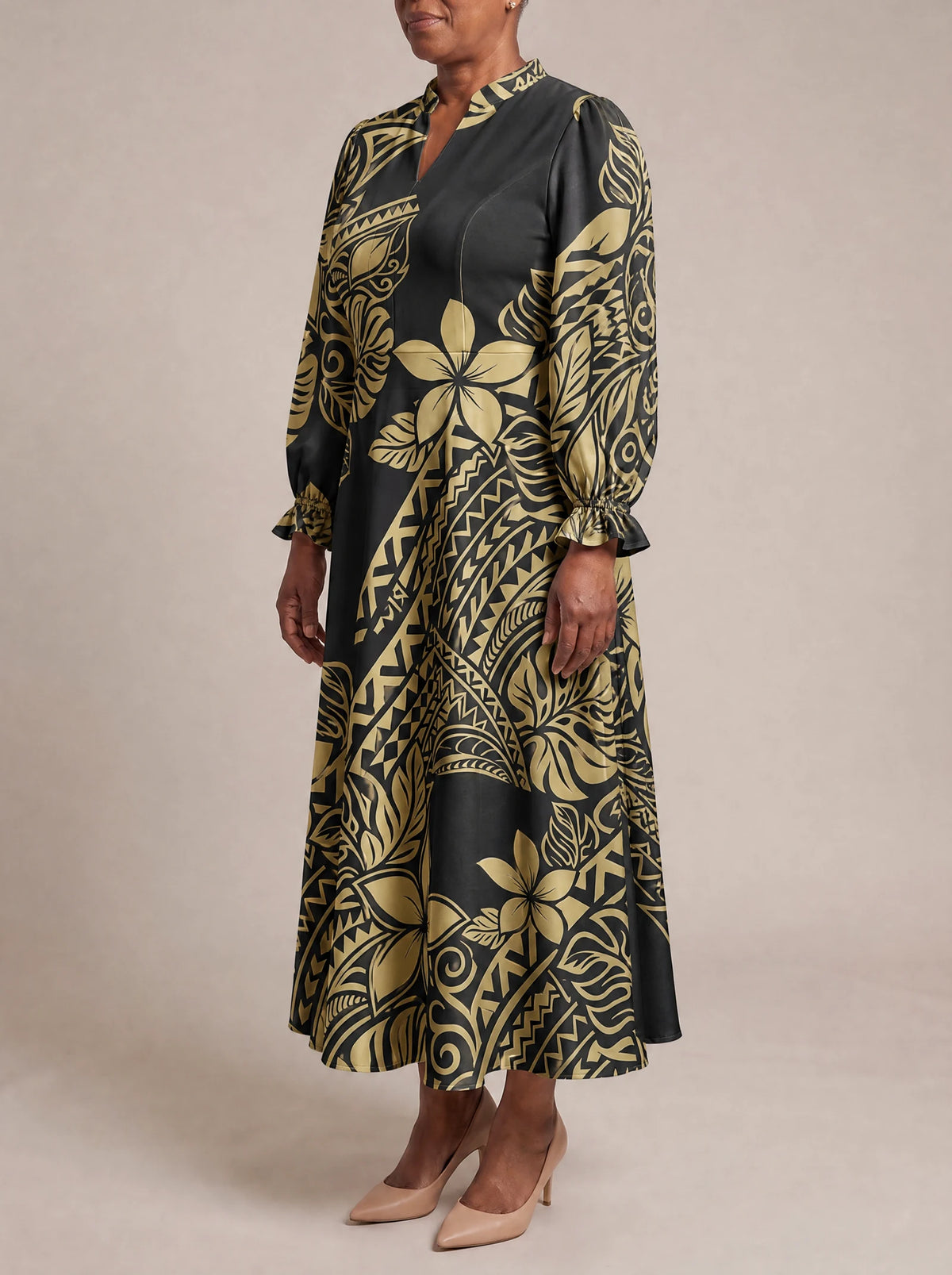 "Pualani" Long Puff Sleeve Dress — three-quarter view on model