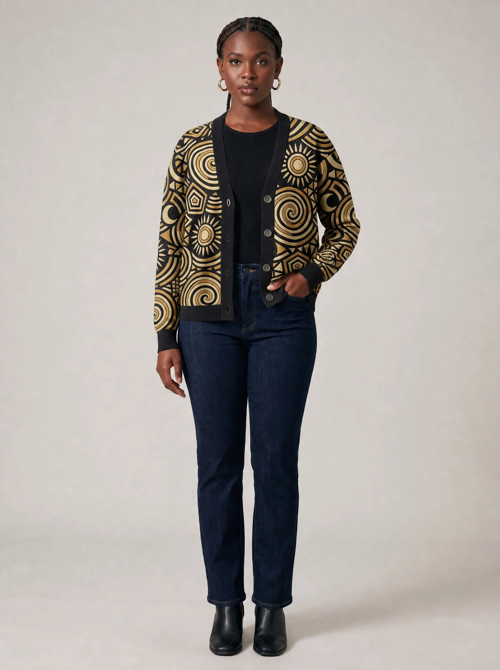 "Sahara" Cardigan — on model with hands in her jeans pockets